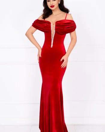 Rochie de seara rosie din catifea Leila cu fronseuri si strassuri