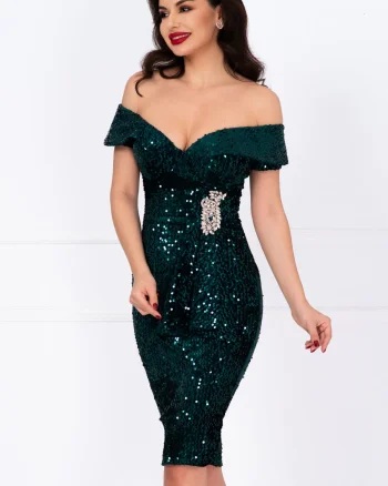 Rochie de ocazie din paiete Iolanda verde cu accesoriu din strassuri