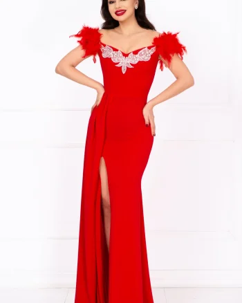 Rochie de seara lunga rosie tip sirena Alissa cu fulgi si trena