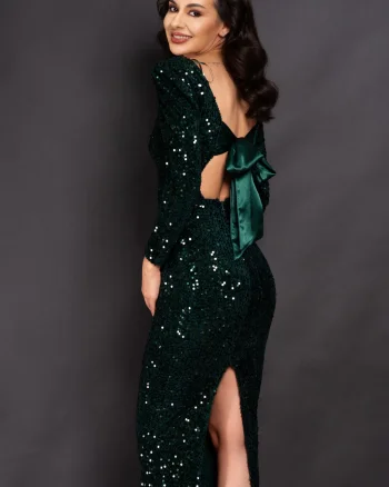 Rochie de ocazie verde Ilona din paiete cu funda la spate