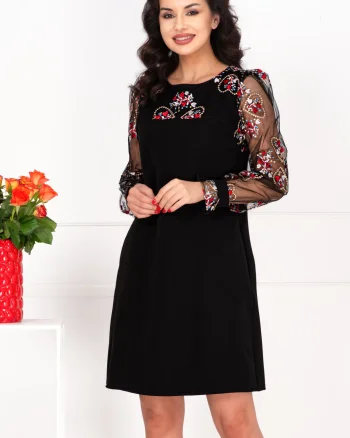 Rochie de ocazie Norina neagra cu broderie florala