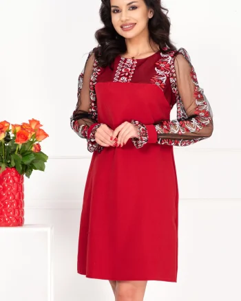 Rochie de ocazie Norina rosie cu broderie florala