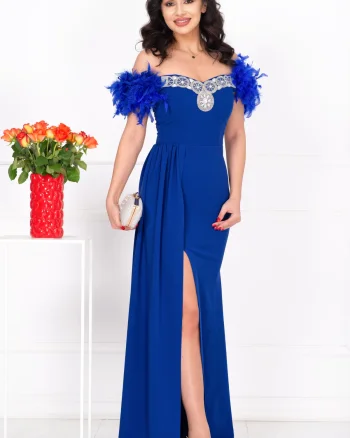 Rochie eleganta lunga albastra tip sirena Alissa cu fulgi si trena