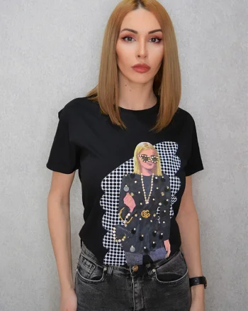 Tricou dama mediu, cu imprimeu "glamour girl", Negru