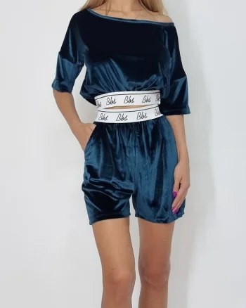 Compleu catifea doua piese top si pantaloni scurti Bbs verde