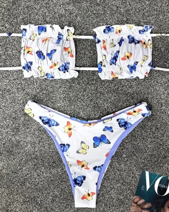 Costum de baie doua piese Butterflies Blue cu slip in doua nuante