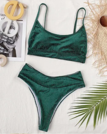 Costum de baie doua piese Victoria verde cu fir argintiu