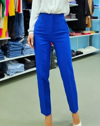 Pantaloni eleganti, ChicMe, cu talie inalta, Albastru indigo