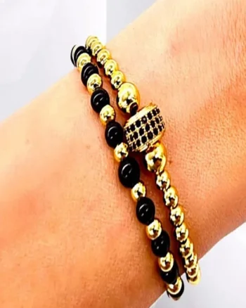 Set Diamond, doua bratari unisex, cu bile din inox si cristale de zirconiu