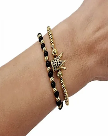 Set Queen, doua bratari unisex, cu bile din inox si cristale de zirconiu