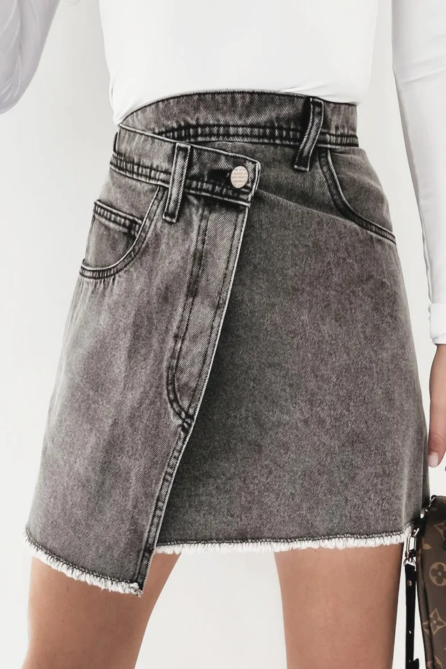 Fusta Hippy petrecuta, din denim, Gri inchis