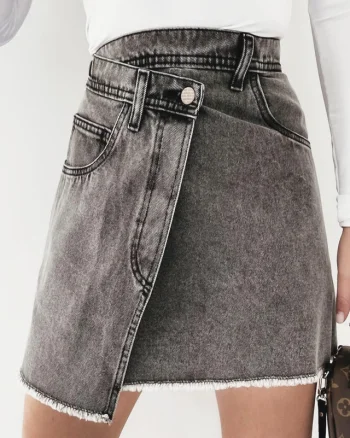 Fusta Hippy petrecuta, din denim, Gri inchis