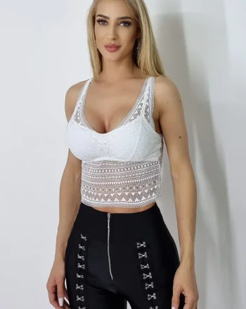 Top scurt Zemea, din dantela, Alb