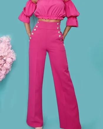Pantaloni eleganti Palma, cu talie inalta, Roz