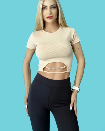 Tricou dama scurt Izabella, cu decupaj in zona taliei, Crem