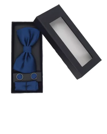Set 3 piese Elegant, pentru barbati, papion, buton si batista din stofa, albastru, EG013
