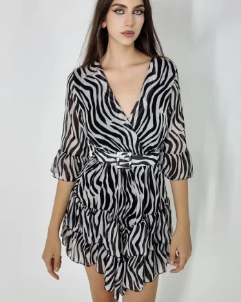 Rochie vaporoasa Evelina, din voal, maneca trei sferturi si curea inclusa, Animal print zebra, Marime S/M