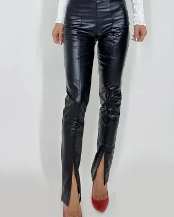 Pantaloni Calida, din piele ecologica, cu talie inalta si taieturi la extremitati