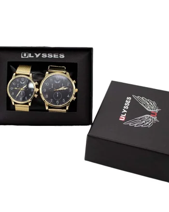 Set 2 ceasuri Ulysses dama si barbatesc, cu bratara din otel inoxidabil, Gold