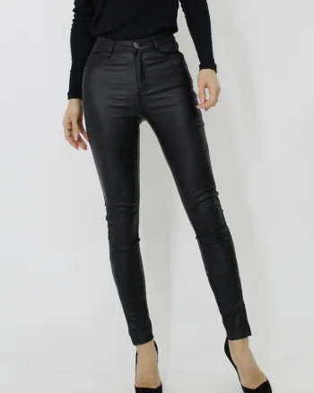Pantaloni skinny push-up Goya, din piele ecologica, cu buzunare, inchidere cu nasture si fermoar pe picior, Negru