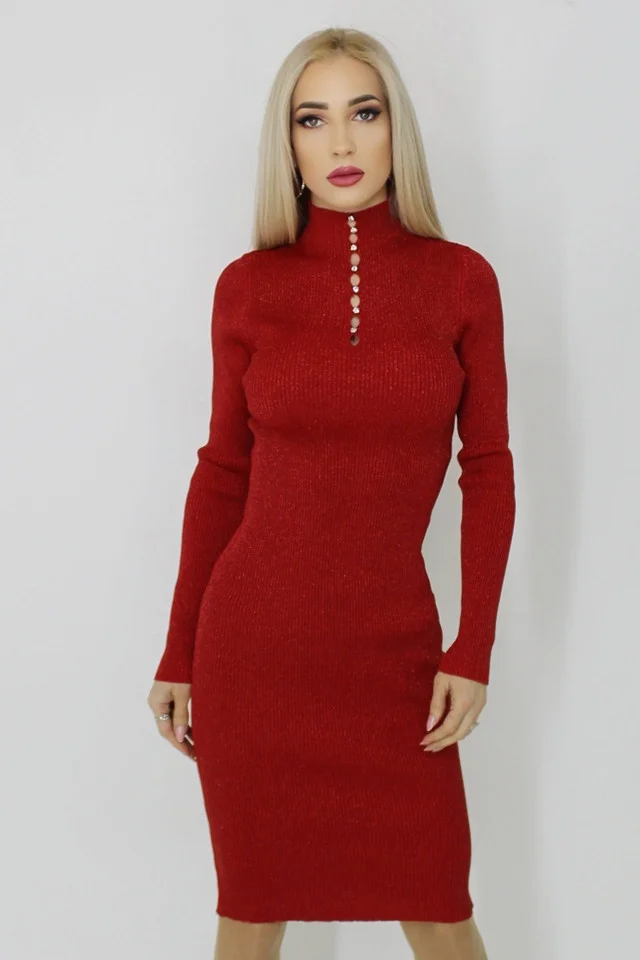 Rochie Francy, midi, guler pe gat, model decupat si textura striata cu sclipici, Rosu, Marime S/M