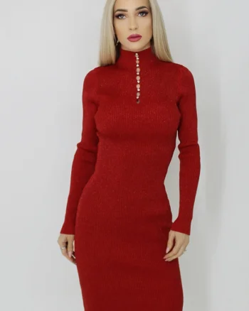 Rochie Francy, midi, guler pe gat, model decupat si textura striata cu sclipici, Rosu, Marime S/M
