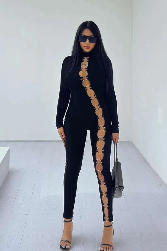 Salopeta lycra contractoare Randy, cu maneca tip manusa si accesorii metalice pe toata linia croielii, Negru