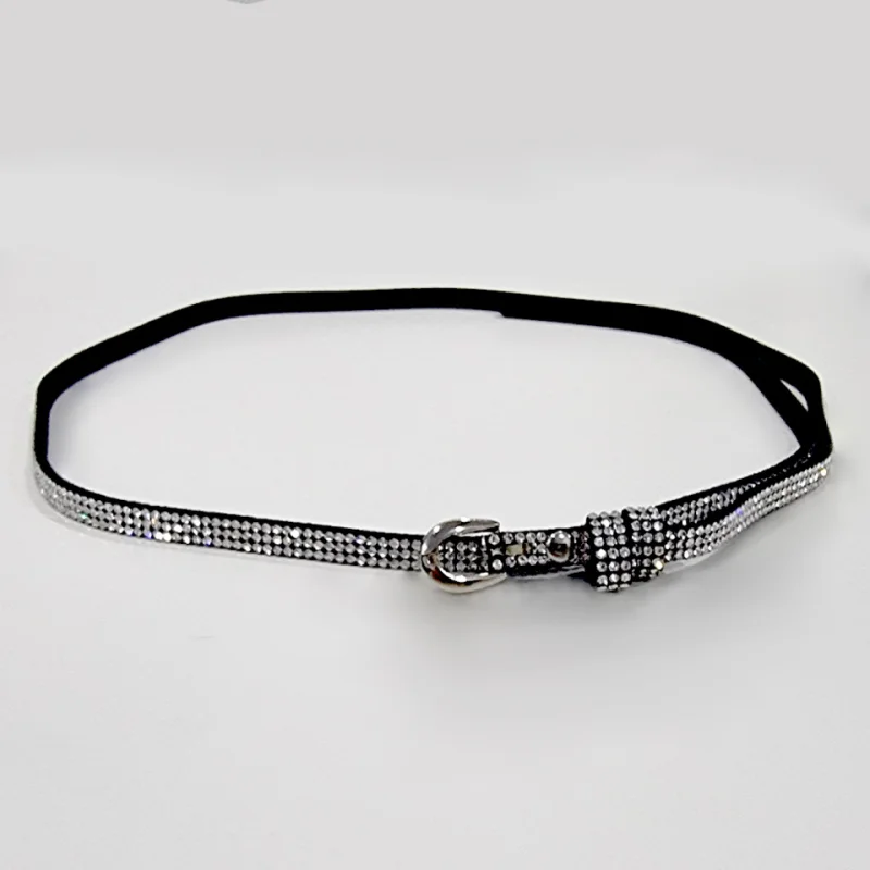 Curea subtire, dama Madyna, cu strasuri din cristale artizanale, latime aproximativ 0,8 cm, Argintiu
