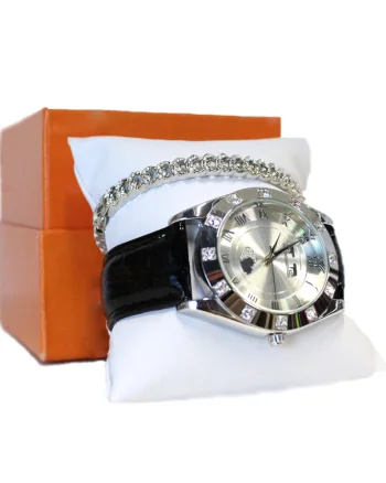 Set ceas elegant Waterproof Matteo Ferari, curea din piele ecologica si bratara asortata, Hearts, Negru/Argintiu