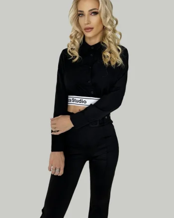 Camasa crop Saga, cu banda elastica in talie, Negru
