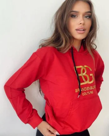 Hanorac dama Lightness, gluga ajustabila cu snur, buzunar oversize si croiala medie, Rosu