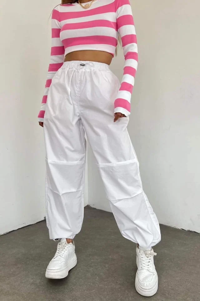 Pantaloni dama Force, croiala cargo, oversize, cu snur reglabil in talie si la baza piciorului, Alb