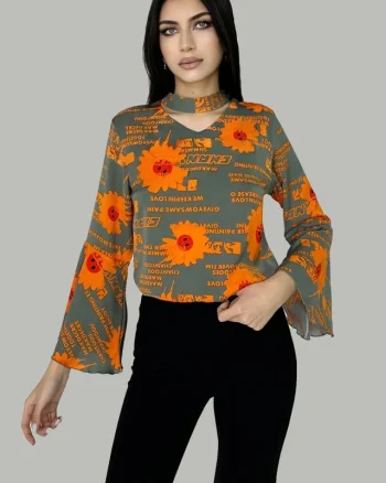 Bluza eleganta Summer Smile, cu maneca evazata, guler tip choker si croiala lejera, Portocaliu