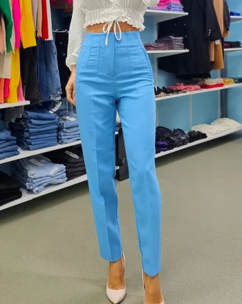 Pantaloni eleganti, ChicMe, cu talie inalta, Albastru deschis