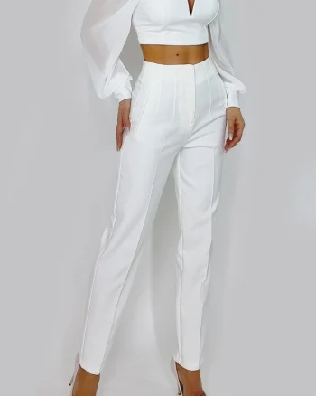 Pantaloni eleganti, ChicMe, cu talie inalta, Alb