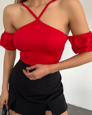 Top scurt Bez, cu umerii goi si mansete bufante cu rejansa elastica, Rosu