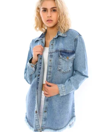 Camasa denim Fringe, croi lung si franjuri la baza croielii, Albastru