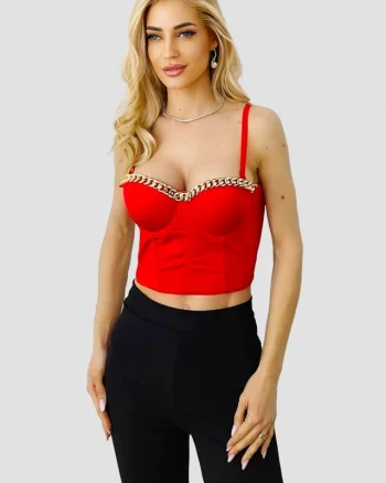 Corset satinat BBY, cu lant decorativ, balene metalice si efect de push-up, Rosu