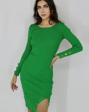 Rochie din tricot Sary, croiala bodycon, accesorii metalice si crapatura laterala, Verde, Marime S/M