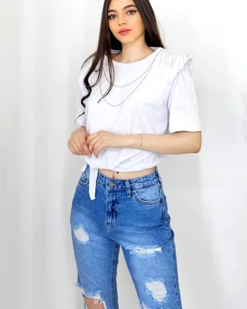 Bluza eleganta Kim, cu legare in talie si accesorii metalice cu cristale, Alb