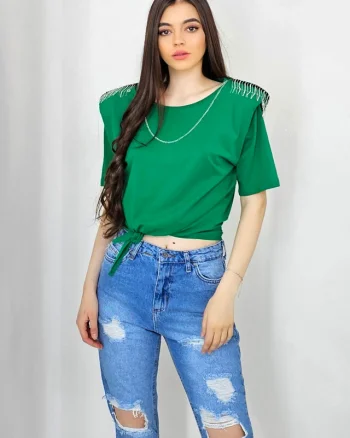 Bluza eleganta Kim, cu legare in talie si accesorii metalice cu cristale, Verde smarald