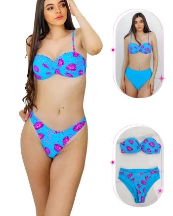 Costum de baie trei piese Maggie, imprimeu abstract si sutien cu push up, Albastru