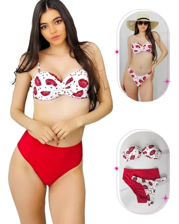 Costum de baie trei piese Maggie, imprimeu abstract si sutien cu push up, Rosu