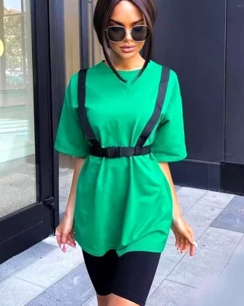 Compleu sport Cibyl, tricou lung cu ham si colanti scurti, Verde