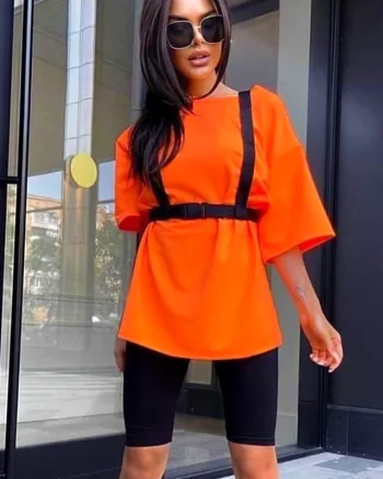 Compleu sport Cibyl, tricou lung cu ham si colanti scurti, Orange