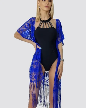 Cardigan de plaja Splendid, cu franjuri, Albastru indigo