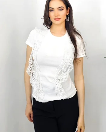 Tricou dama Abe, cu rejansa din dantela si textura striata, Alb, Marime universala S/M