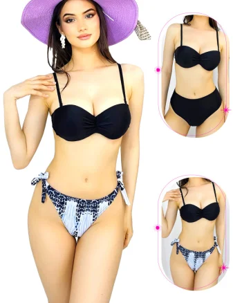 Costum de baie trei piese Ingrid, cu doua tipuri de slip si imprimeu abstract, Negru