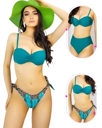 Costum de baie trei piese Ingrid, cu doua tipuri de slip si imprimeu abstract, Turquoise