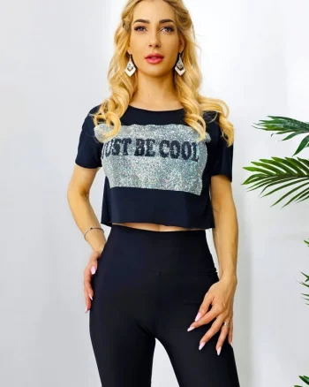 Tricou scurt Sebastian, cu paiete si mesaj motivational, Negru